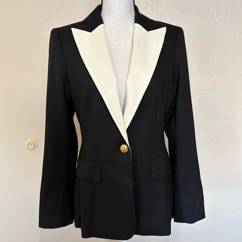 Escada Bavoya Wool Contrast Single Breasted Blazer Jacket in Black Womens 36